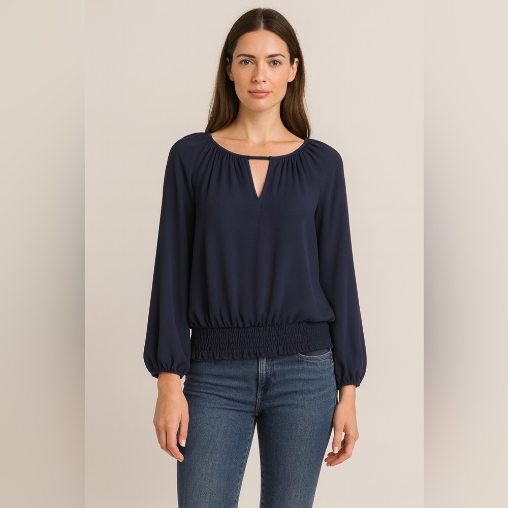 Studio M navy keyhole peasant blouse with smocked hem size L